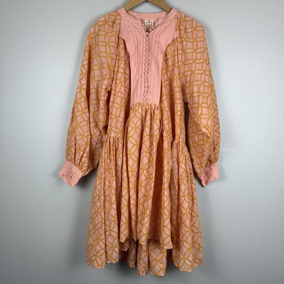 Roii Eyelet Mini Dress Medium Pink Orange Balloon Sleeve Retro Boho Eclectic Art - Picture 3 of 13